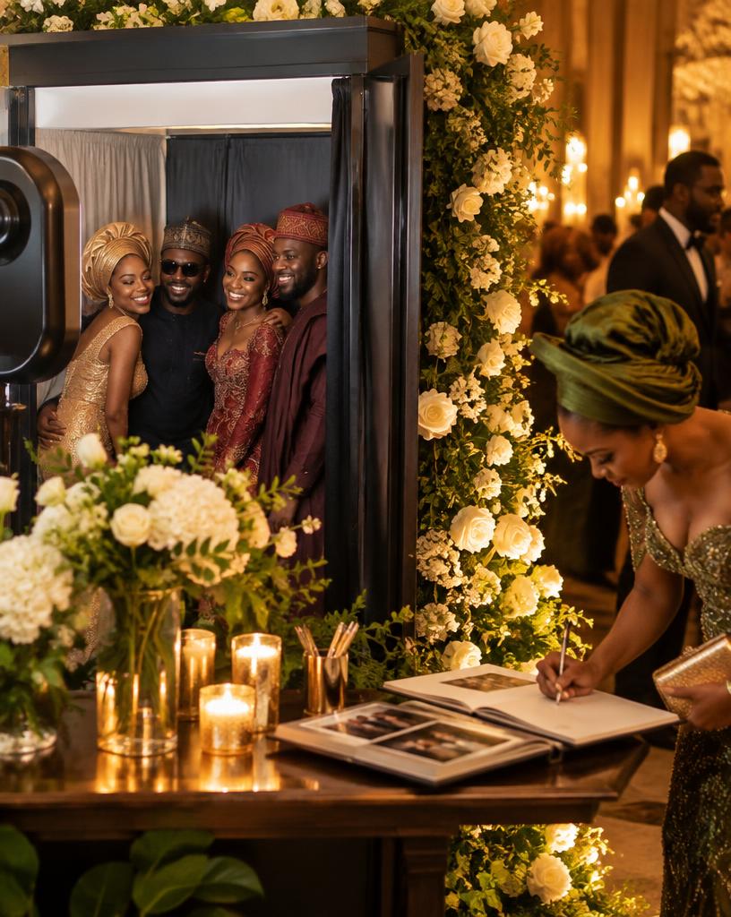Floral-styled photo booth at an upscale Nigerian wedding with a guestbook table nearby